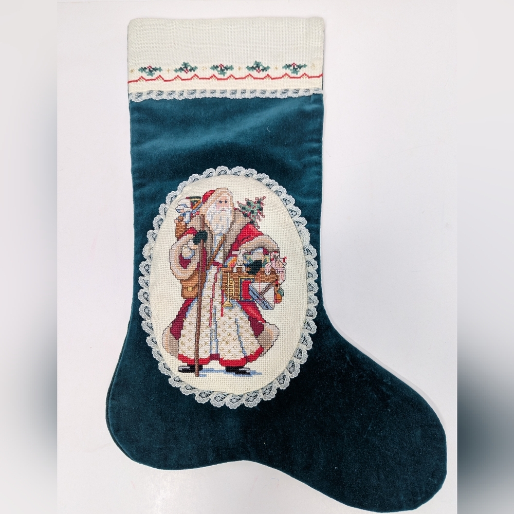 Bucilla Antique Santa Stocking Cross Stitch Completed Kit
